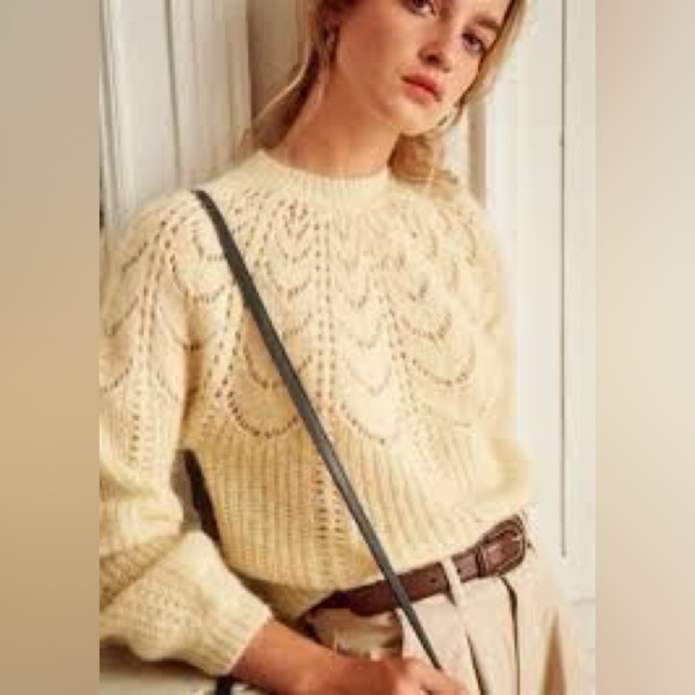 Sezane Cream Crochet-Knit Crewneck Sweater